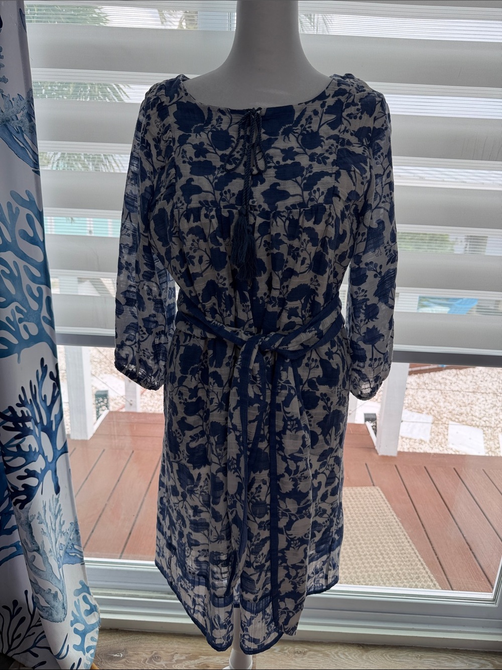 Studio Park Blue Floral Tie-Waist Women's Dress linen blend